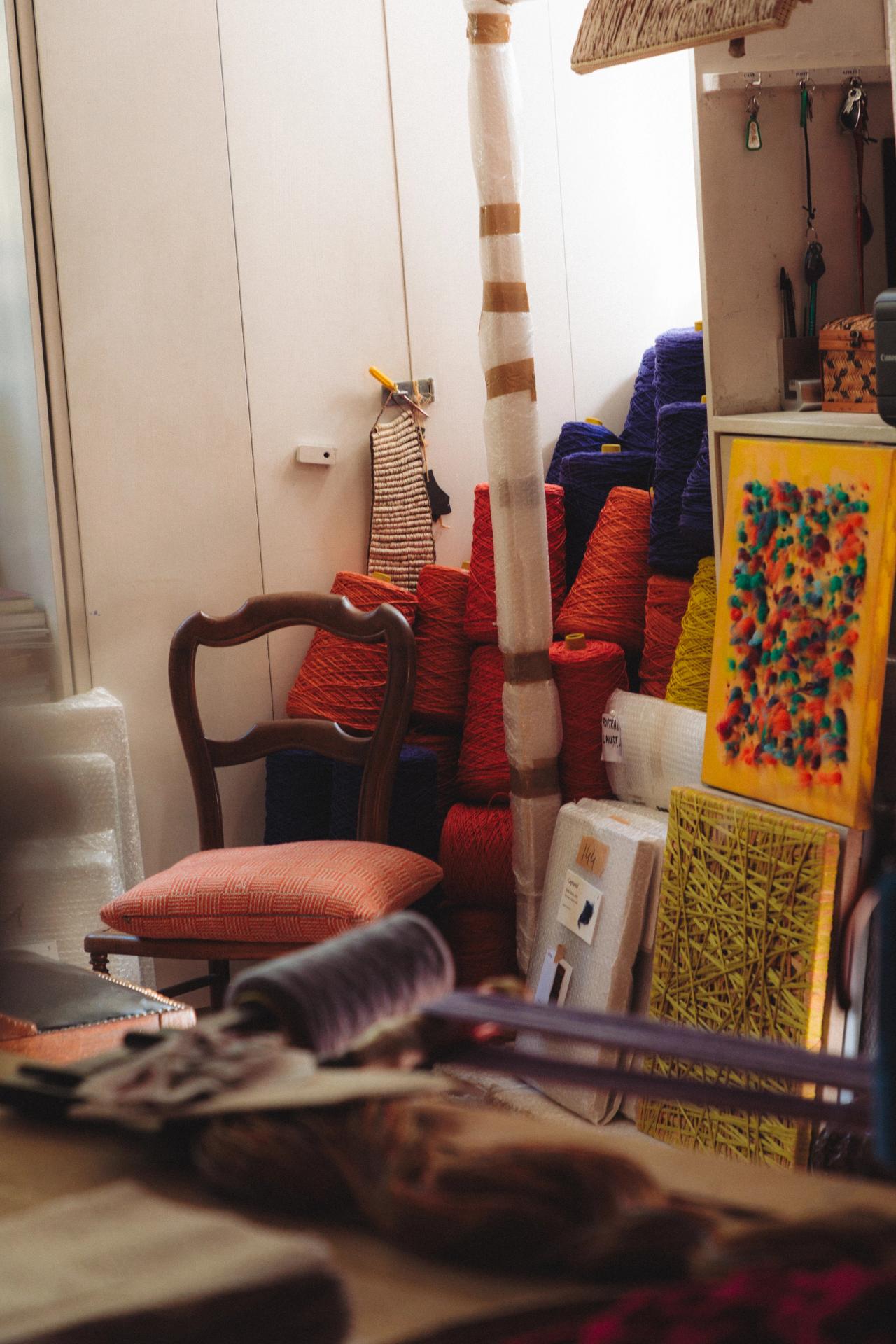 A chair surrounded by materials inside Hicks’s studio in Paris. (Photo: Agathe Karsenti for The Slowdown)