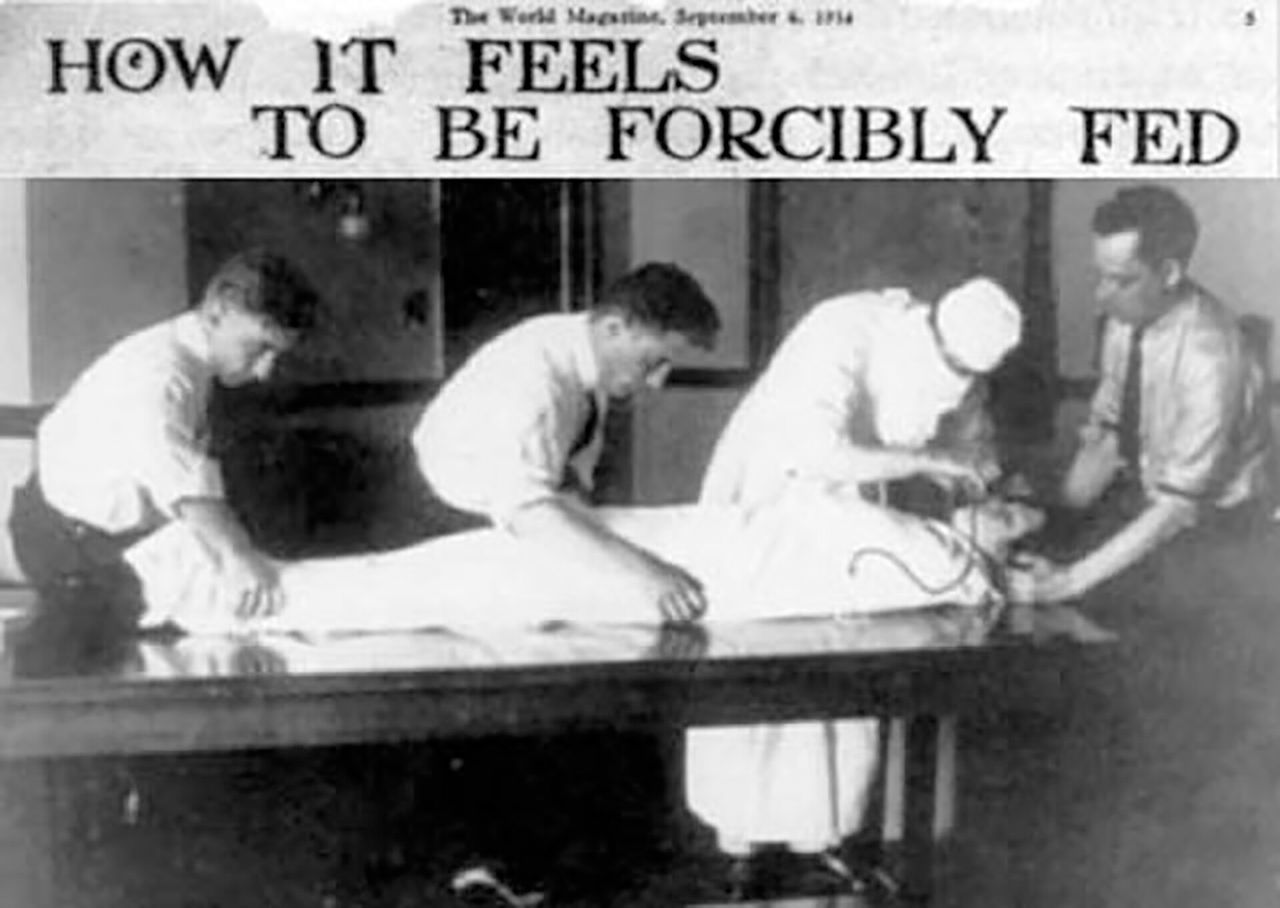 A clipping from the September 6, 1914, issue of World Magazine depicting author Djuna Barnes subjecting herself to force-feeding.