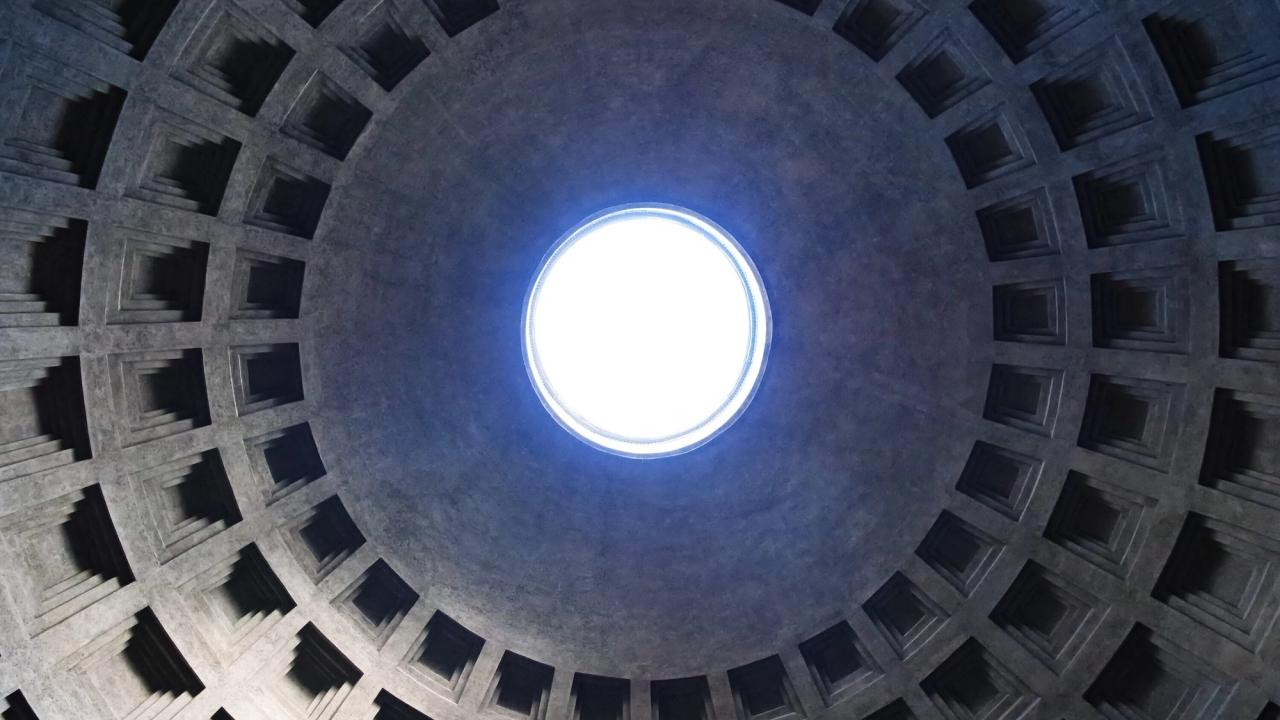 An opening in the ceiling of the Pantheon building in Rome