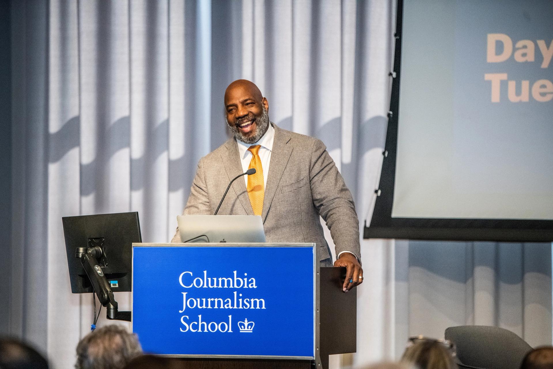 Cobb speaking as dean of Columbia Journalism School. (Photo: Chris Taggart. Courtesy Columbia Journalism School)