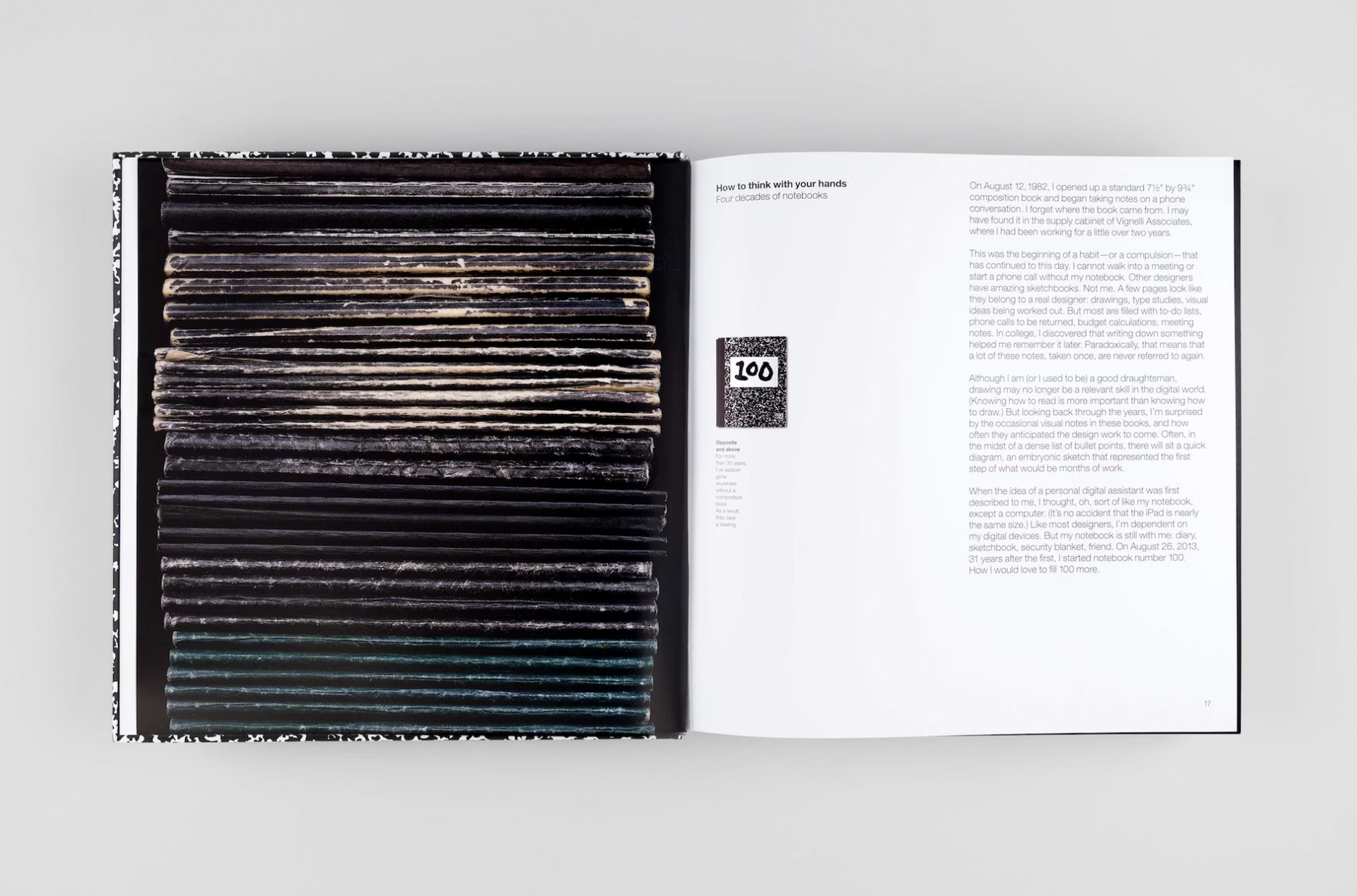 A spread for Bierut’s book How To (2015), which pictures a stack of the composition notebooks he has kept over the years. (Courtesy Pentagram)