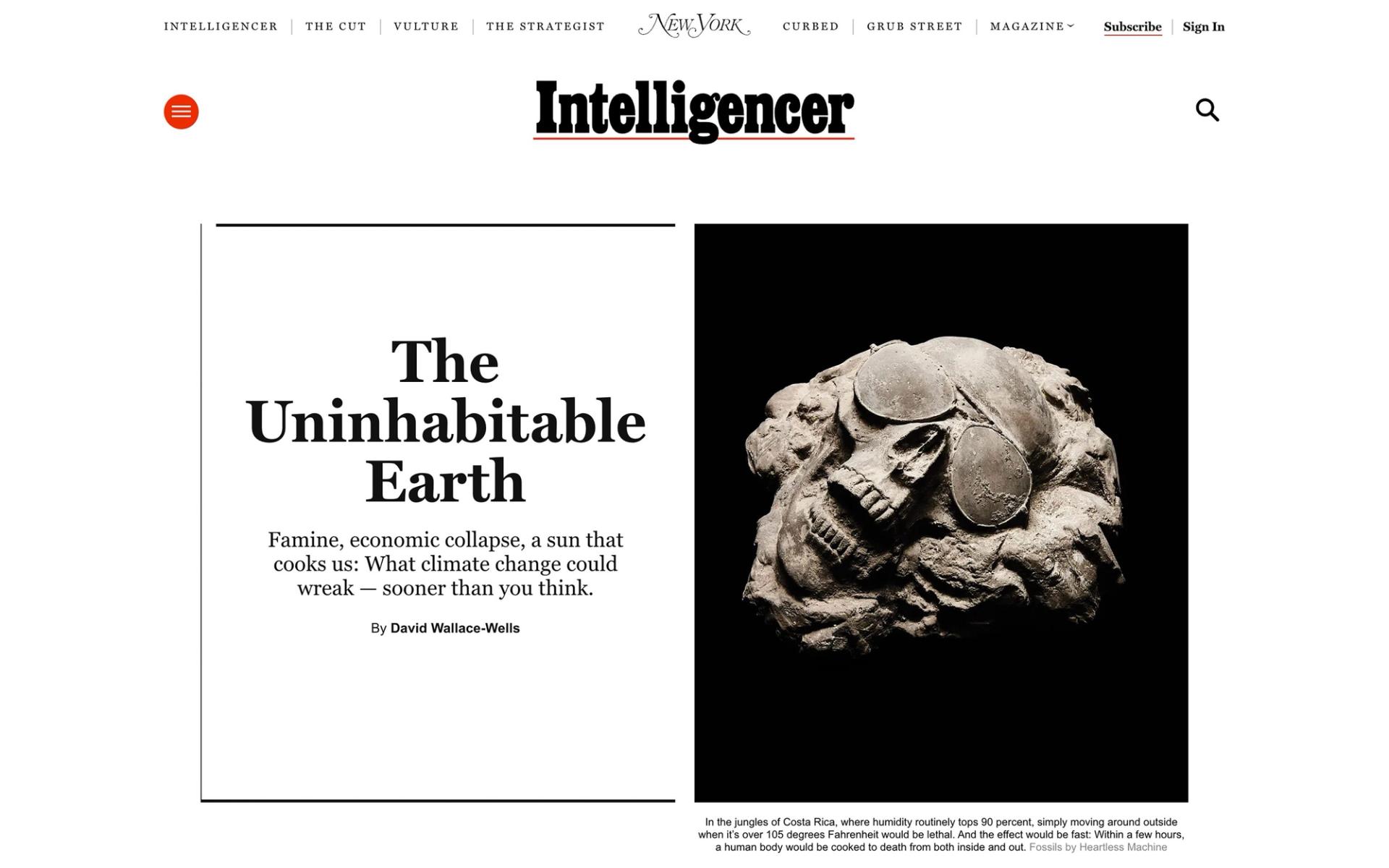 Wallace-Wells’ 2017 article “The Uninhabitable Earth” in New York Magazine. (Courtesy New York Magazine)
