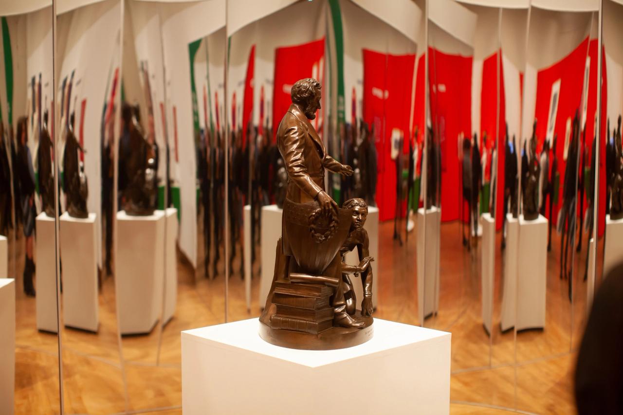 One of three versions of Thomas Ball’s sculpture “Emancipation Group” (1865) as seen at Biggers’s “re:mancipation” (2023) exhibition at the Chazen Museum. (Courtesy the Chazen Museum)
