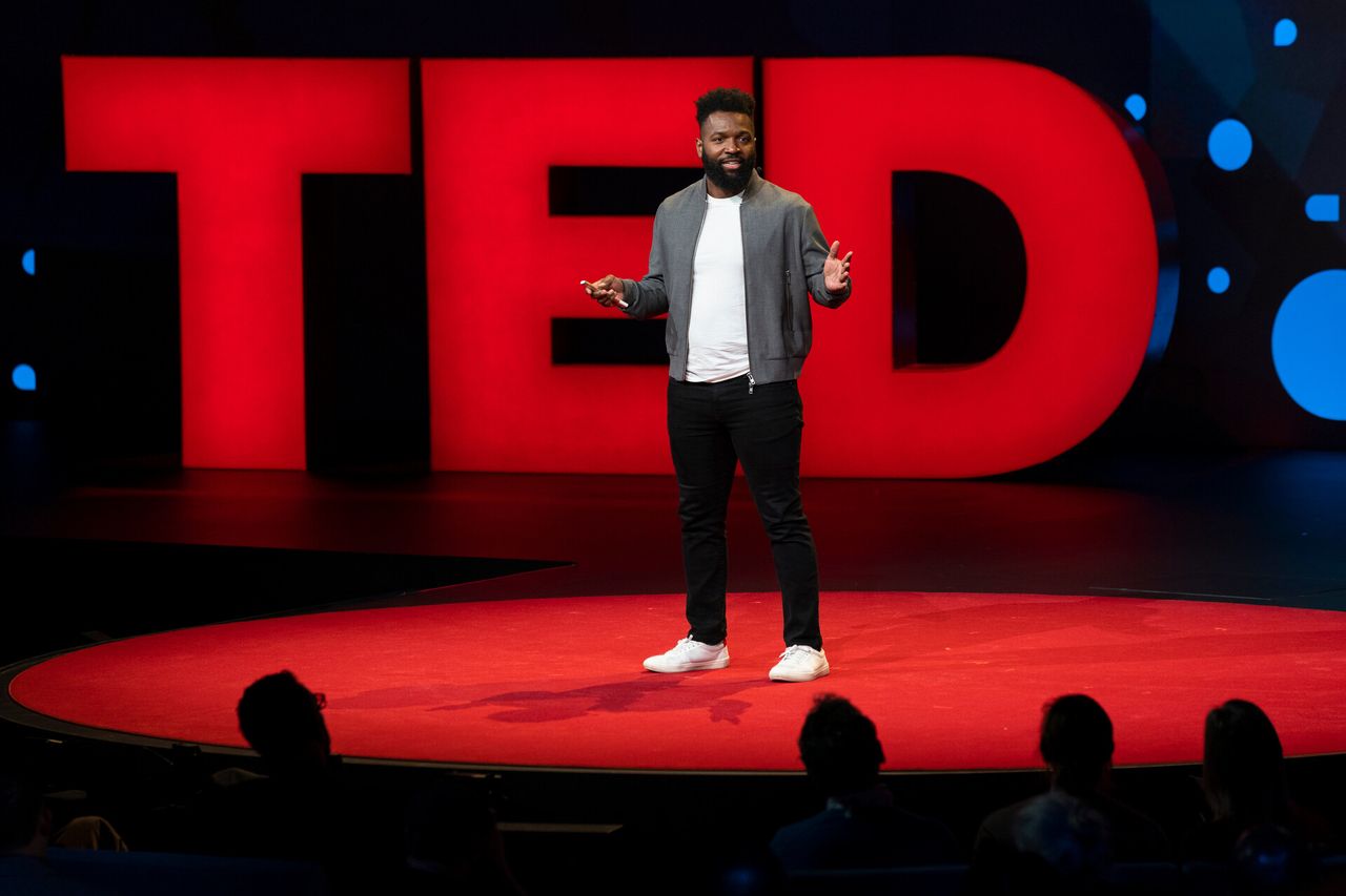 Thurston giving his TED Talk in Vancouver in April 2019. (Photo: Bret Hartman. Courtesy TED and Baratunde Thurston)