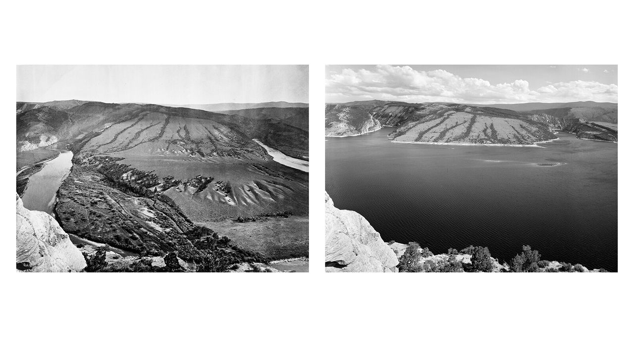 Left: Green River Canyon at Great Bend, photographed by Timothy O'Sullivan in 1872. Right: The canyon photographed by Mark Klett for the Rephotographic Survey Project in 1978. (Courtesy Mark Klett)