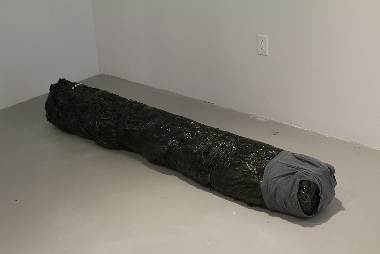 A log-shaped sculpture made from resin, teeth, and a pair of underwear