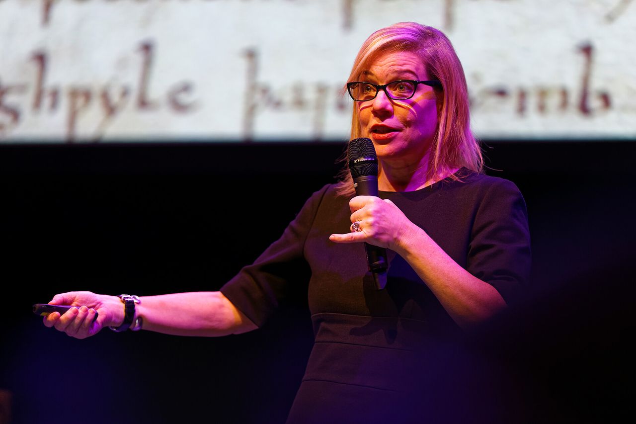 Millman giving her TED Talk, “How Symbols and Brands Shape Our Humanity. (Photo: Stefan Nitzsche)