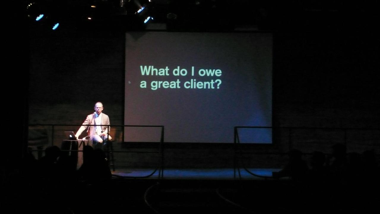 Graphic designer Michael Bierut speaking at the January 2010 Creative Mornings event in New York City. (Courtesy Tina Roth Eisenberg)