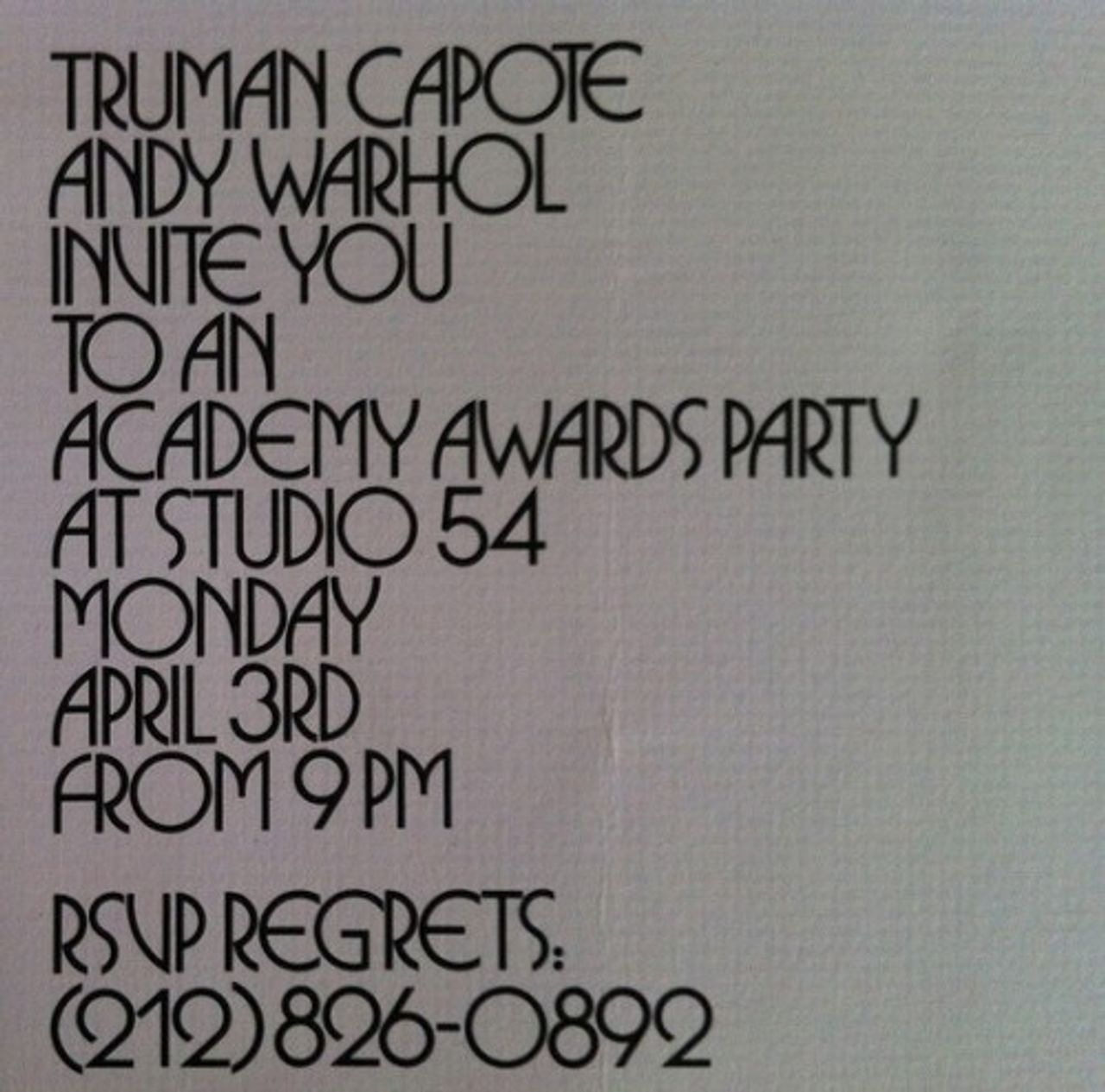 The invitation to Truman Capote and Andy Warhol’s 1978 Academy Awards Party at Studio 54. (Courtesy Super Seventies)