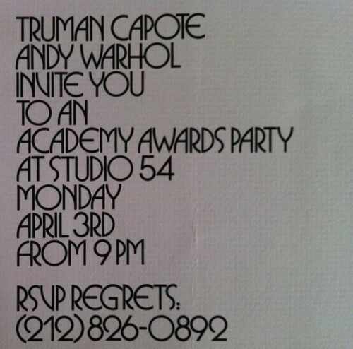 The invitation to Truman Capote and Andy Warhol’s 1978 Academy Awards Party at Studio 54. (Courtesy Super Seventies)