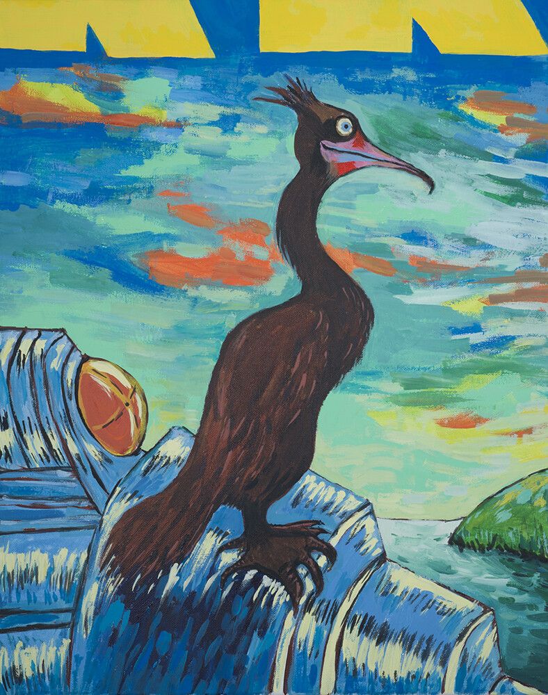 Lethem’s painting “Cormorant on Blue Streak" (2020). (Courtesy Jonathan Lethem)