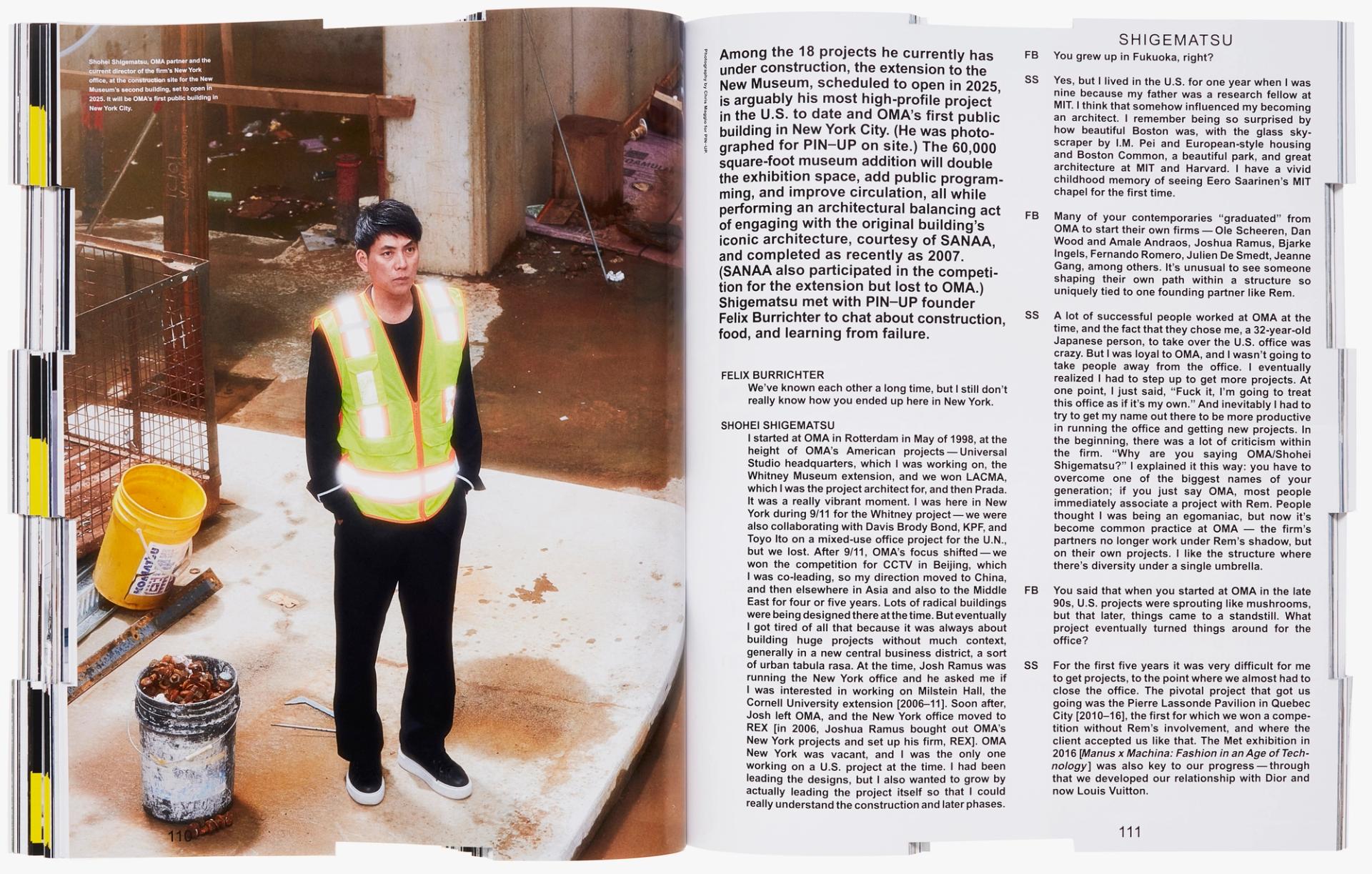 Spread featuring Japanese-born, New York–based architect Shohei Shigematsu (Ep. 148) interviewed by Burrichter for PIN–UP Issue 36 (2024). (Photo: Chris Maggio/Courtesy PIN–UP)