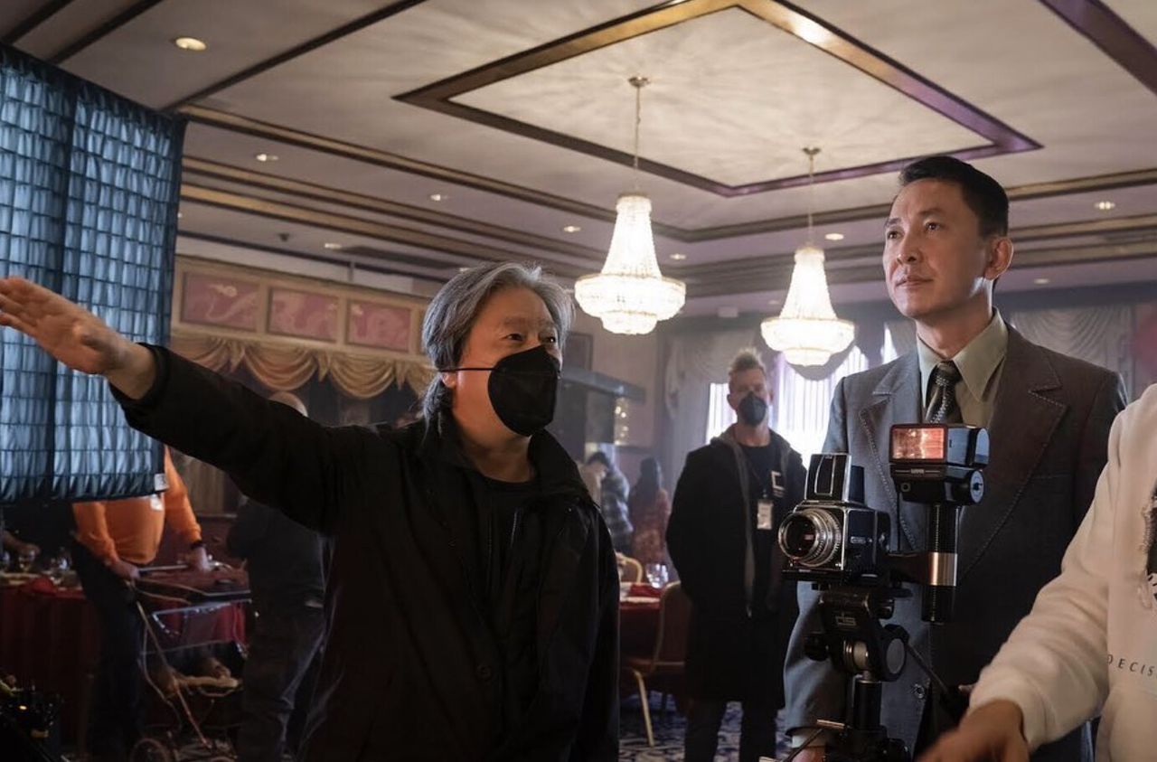 Nguyen (right) on the set of the HBO miniseries The Sympathizer in 2023. (Courtesy Viet Thanh Nguyen)