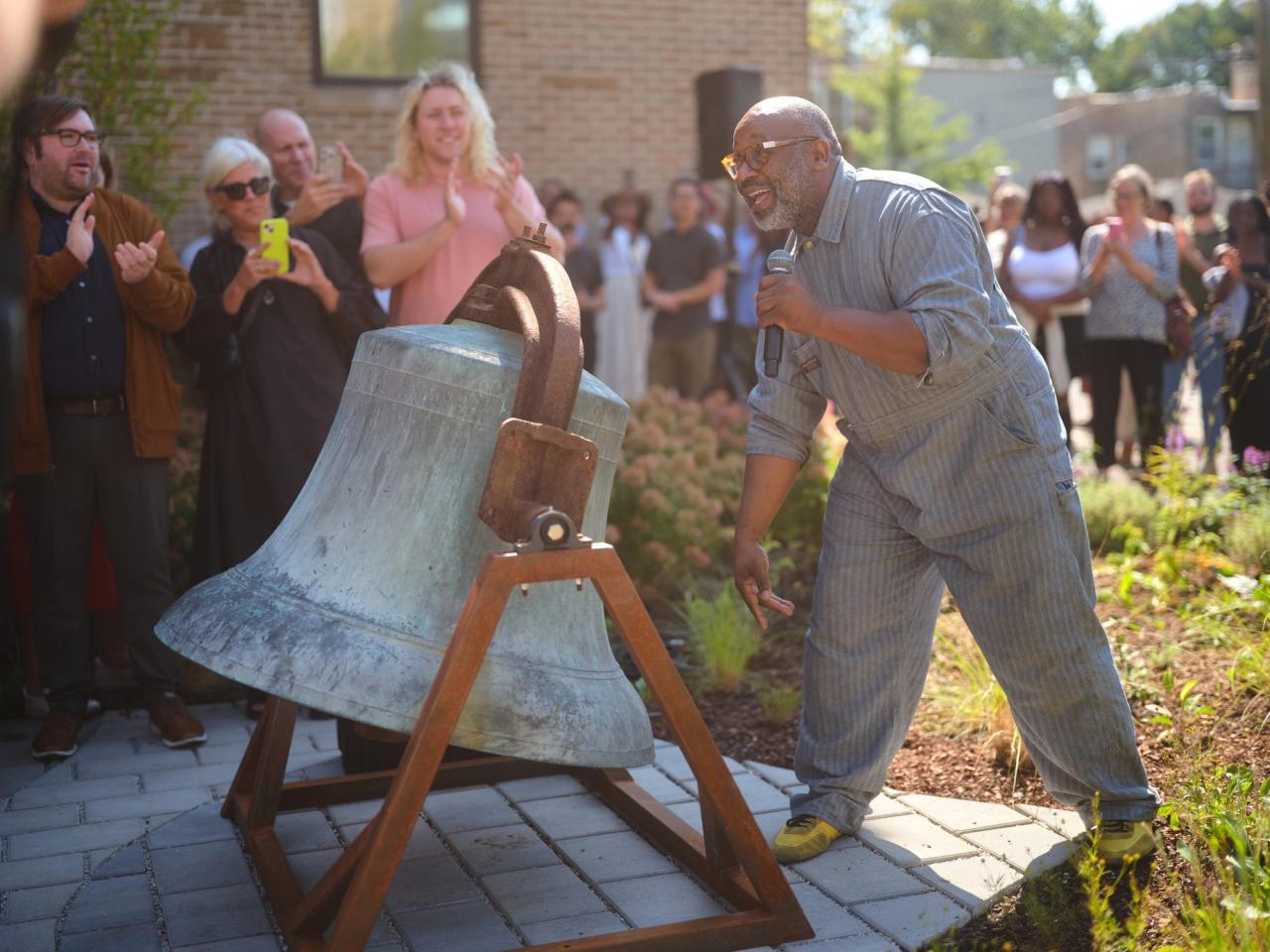 Gates at the opening of The Land School. (Photo: Charles Bouril/Courtesy of Theaster Gates and Rebuild Foundation)