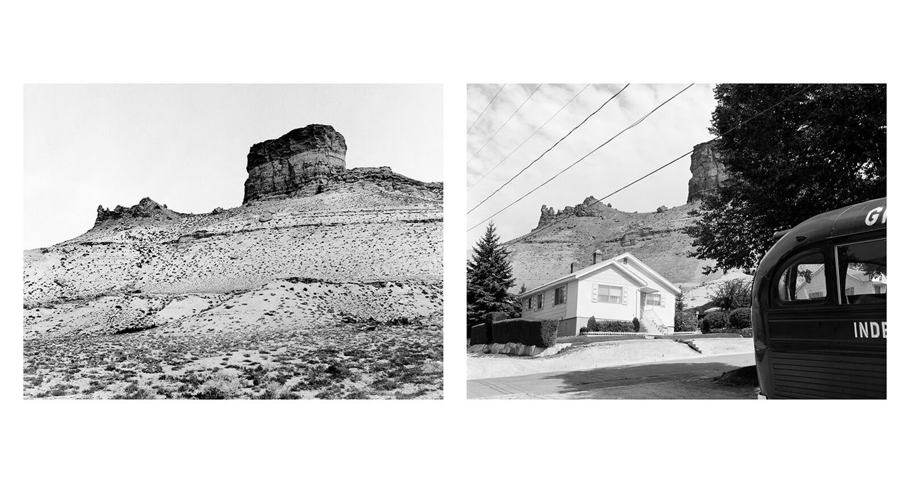 Left: Green River Buttes in Wyoming, photographed by Timothy O'Sullivan in 1872. Right: Castle Rock photographed by Mark Klett and Gordon Bushaw for the Rephotographic Survey Project in 1979. (Courtesy Mark Klett)