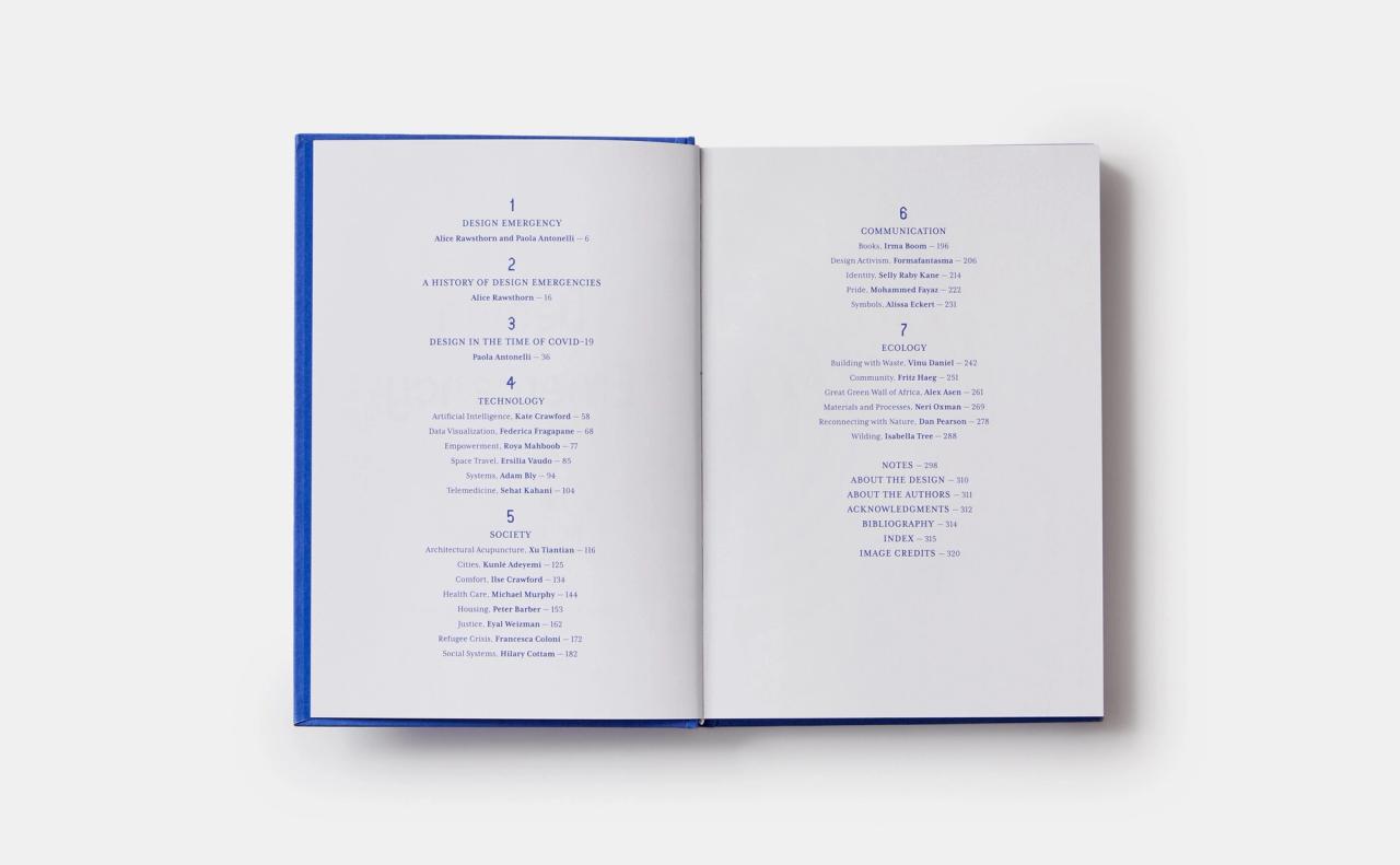 Table of contents of Design Emergency: Building a Better Future (2022) by Antonelli and Alice Rawsthorn. (Courtesy Phaidon)