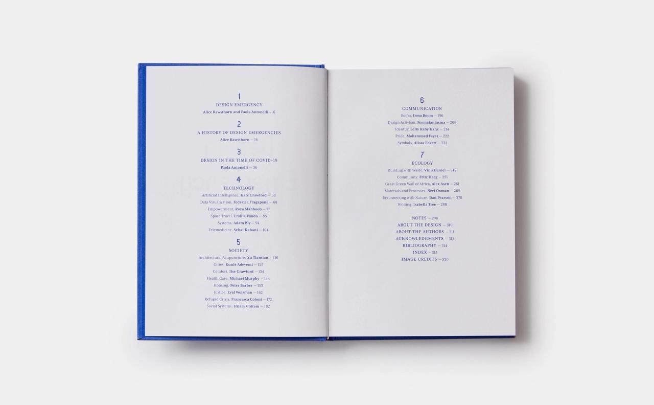 Table of contents of Design Emergency: Building a Better Future (2022) by Antonelli and Alice Rawsthorn. (Courtesy Phaidon)