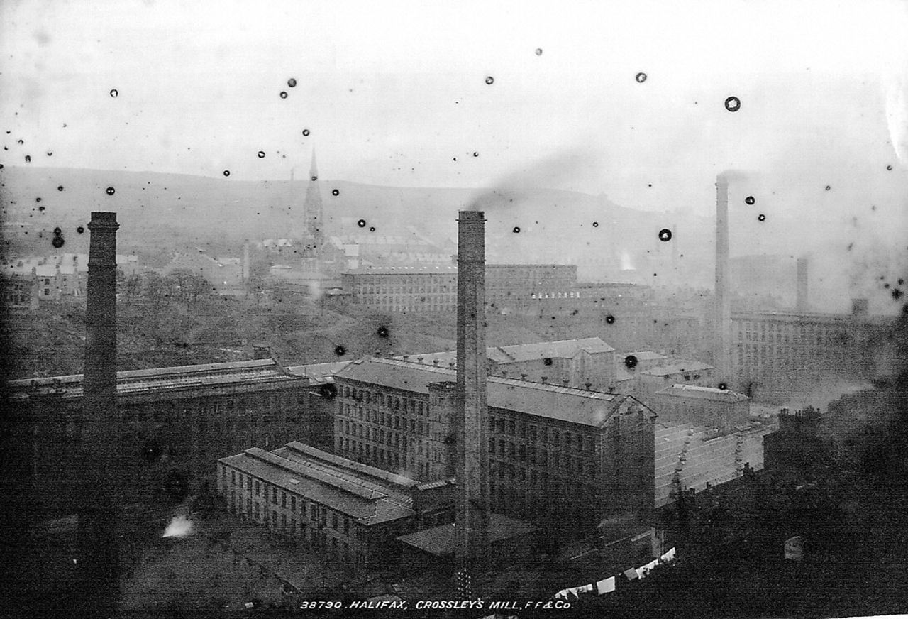 An aerial view of Crossley’s Mill in Halifax, England. (Courtesy The Francis Frith Collection)