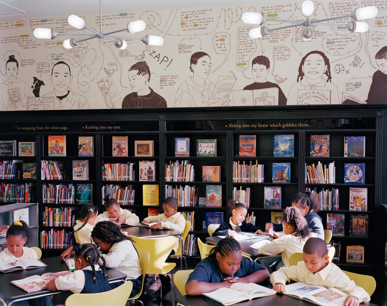 The Robin Hood Foundation library at P.S. 287, designed in collaboration with the illustrator Peter Arkle. (Courtesy Pentagram)
