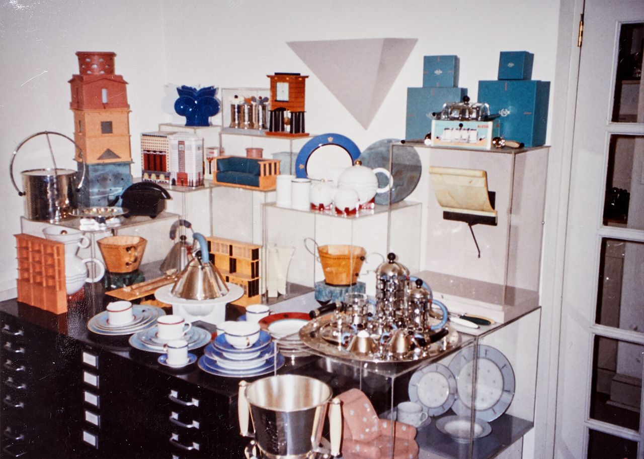 A corner of the product design room in Michael Graves’s office. Hoke worked on the Lenox china (as well as their packaging design and stores) shown at right and the bookshelves at lower left and center. (Courtesy John Hoke)
