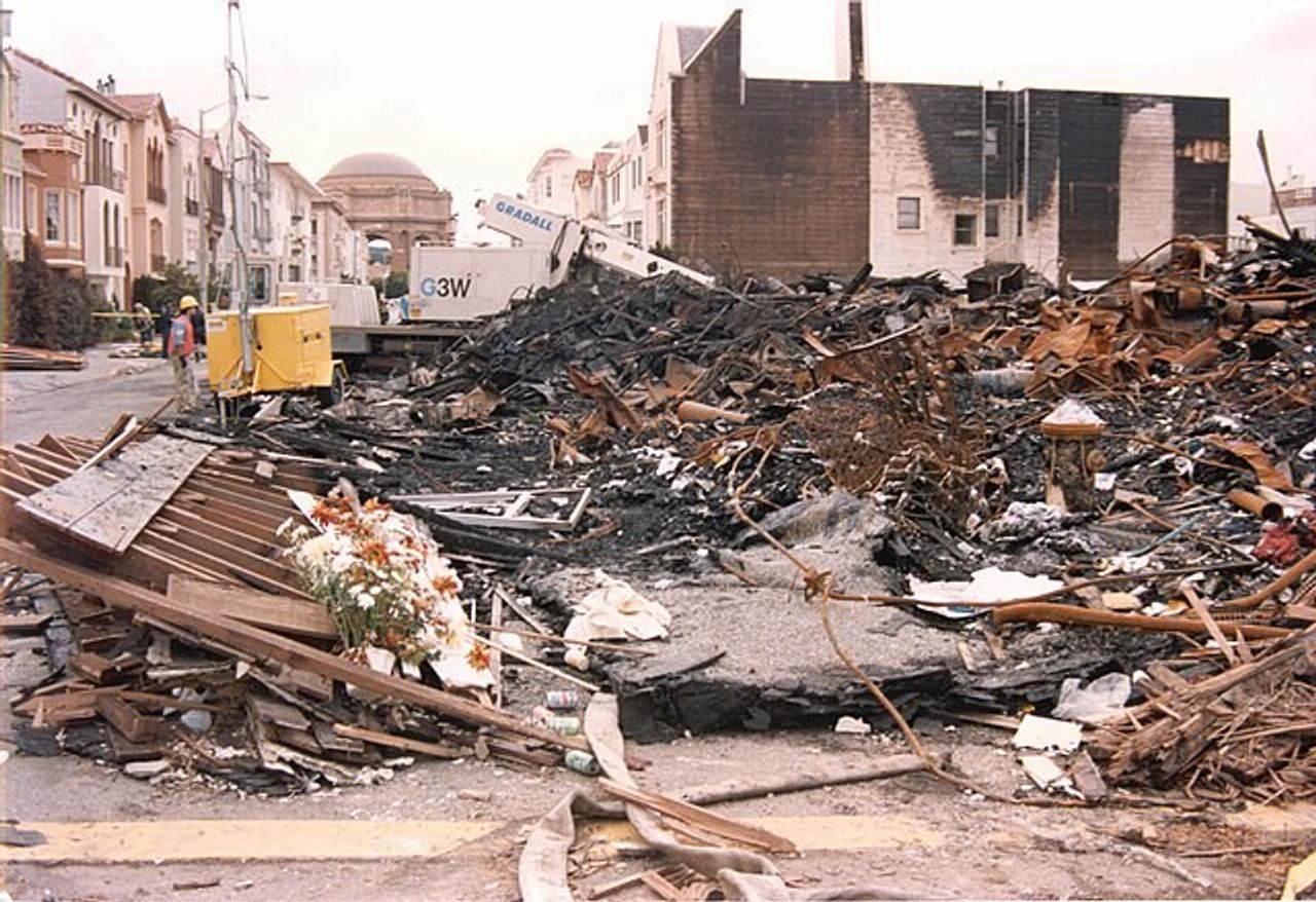 The aftermath of the 1989 Loma Prieta earthquake in the San Francisco Bay Area.