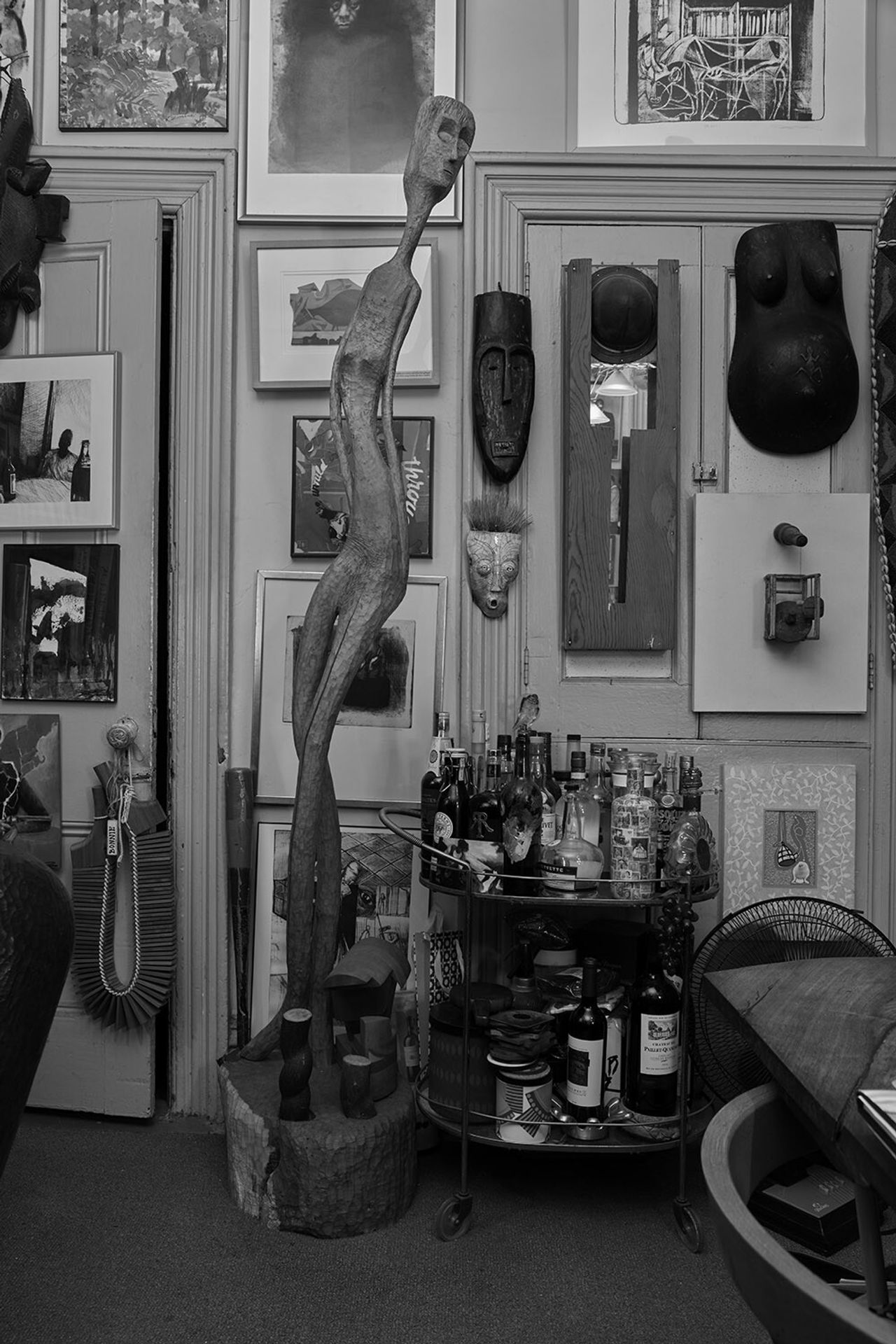 View of some of Mosley’s African tribal sculptures in his home. (Courtesy Thaddeus Mosley)