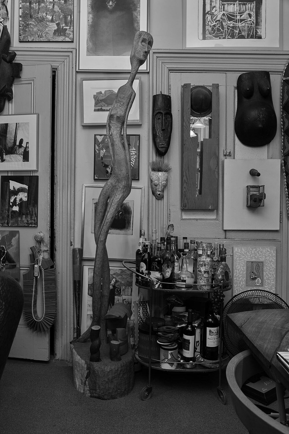 View of some of Mosley’s African tribal sculptures in his home. (Courtesy Thaddeus Mosley)