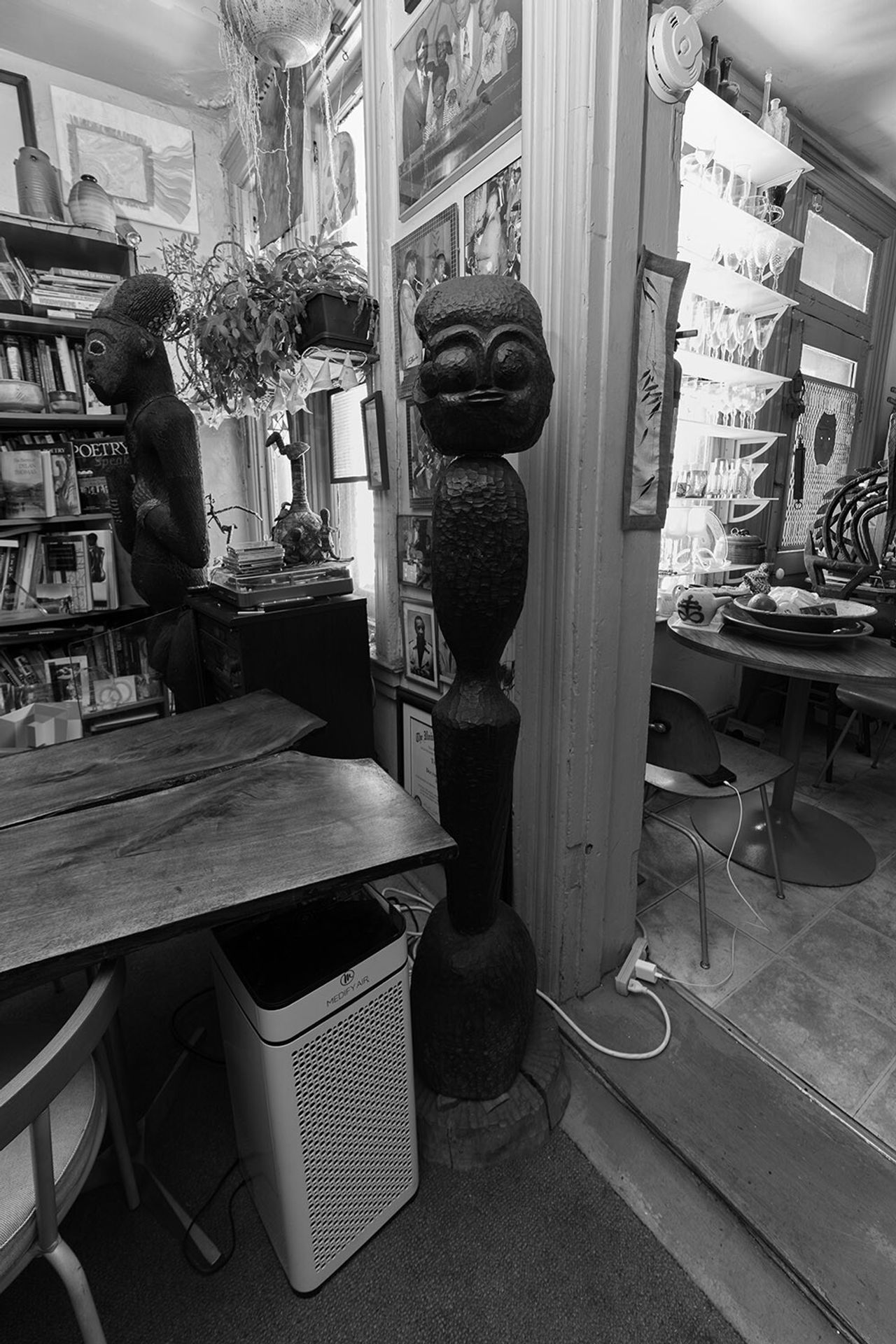 View of some of Mosley’s African tribal sculptures in his home. (Courtesy Thaddeus Mosley)