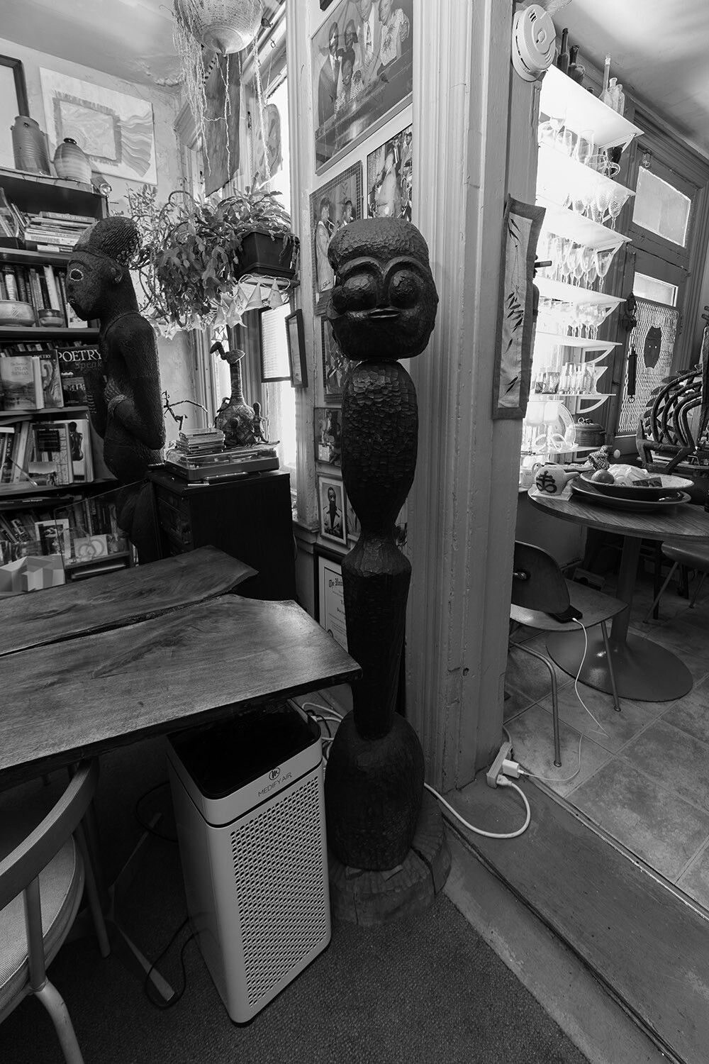 View of some of Mosley’s African tribal sculptures in his home. (Courtesy Thaddeus Mosley)