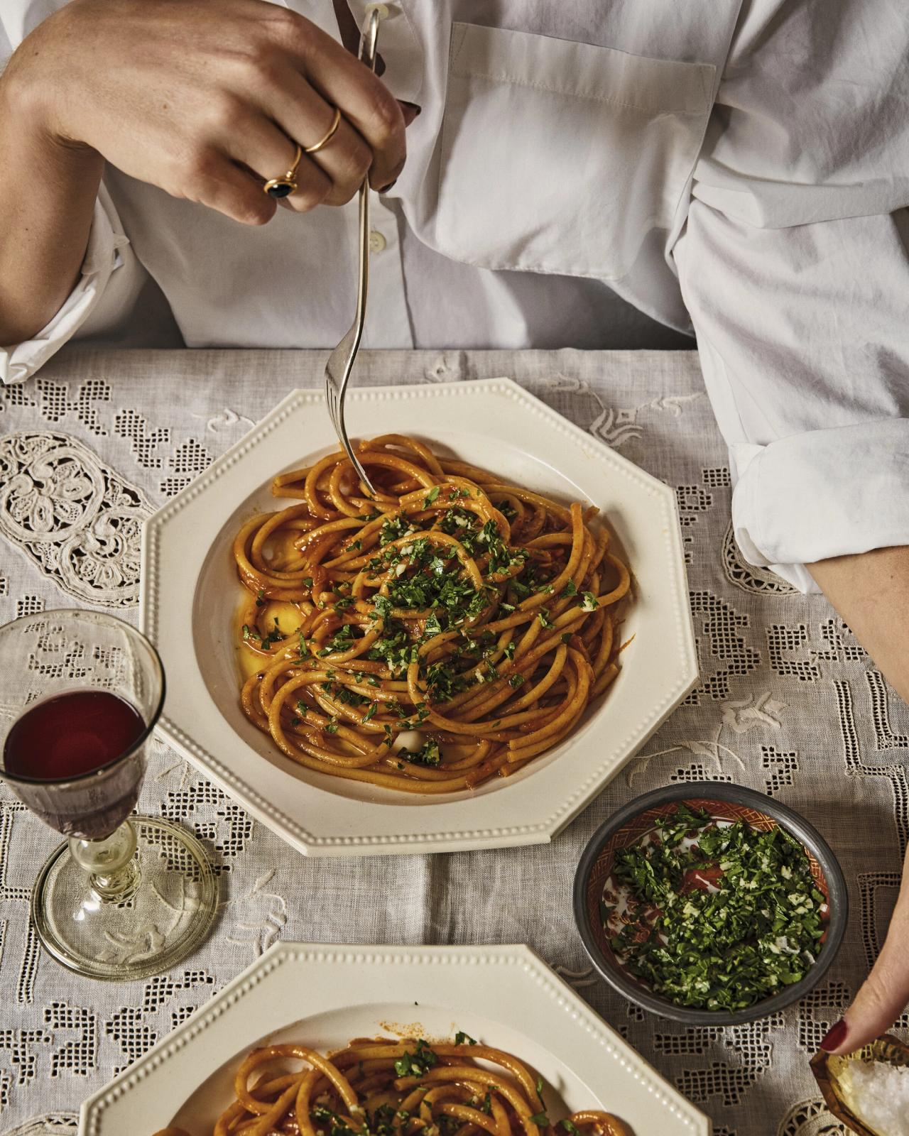 Roman’s shallot pasta in Something From Nothing (Photo: Chris Bernabeo/Courtesy Clarkson Potter)