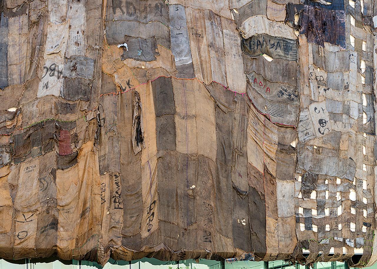 Ibrahim Mahama's jute sack installation, In-Between The World and Dreams (2020) at the University of Michigan Museum of Art. (Photo: Jeri Hollister and Patrick Young, Michigan Imaging. Courtesy the University of Michigan Museum of Art)