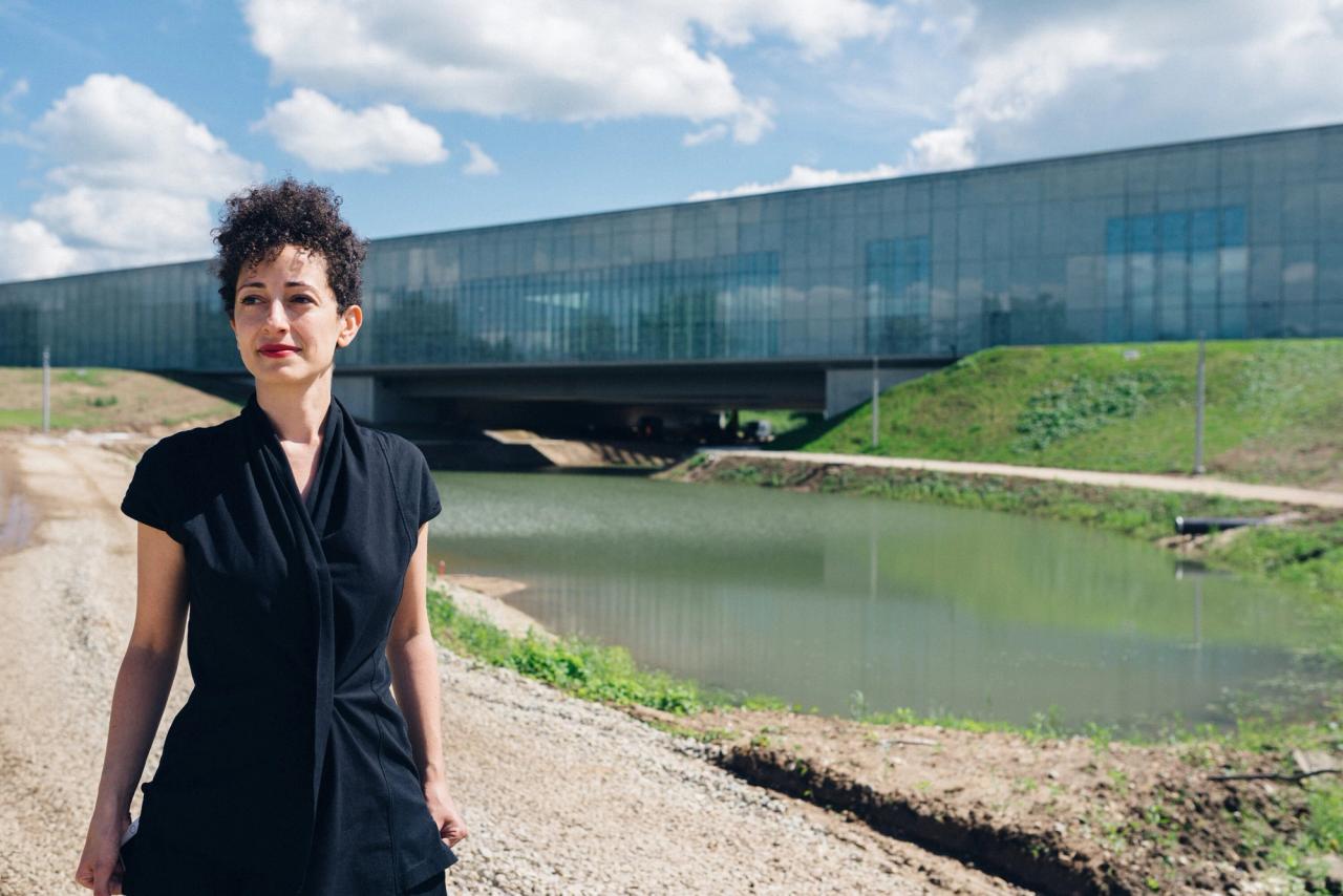 Ghotmeh in front of the Estonian National Museum upon its completion in 2016. (Photo: Tõnu Tunnel. Courtesy Lina Ghotmeh)