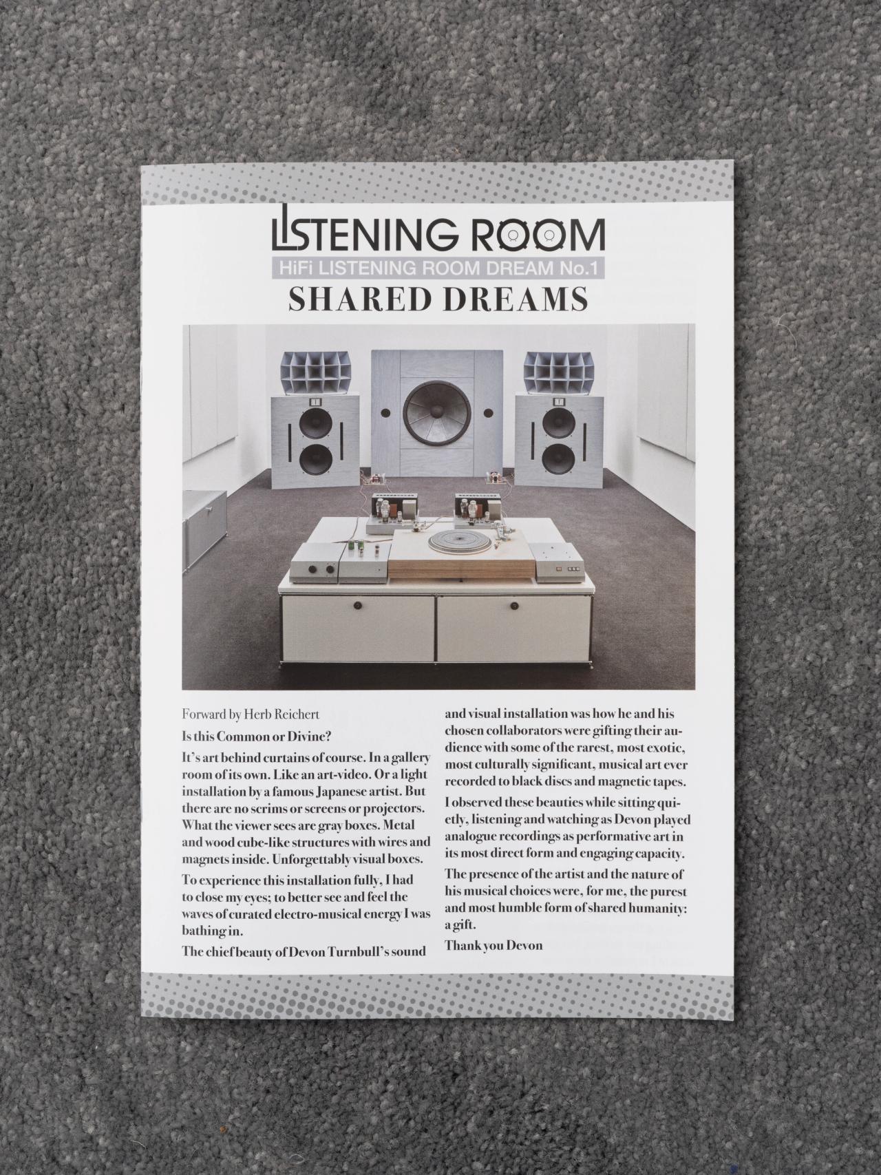 Cover of the zine published to accompany Devon Turnbull’s “HiFi Pursuit Listening Room Dream No. 1,” presented at Lisson Gallery in summer 2022. (Courtesy Devon Turnbull and Lisson Gallery)