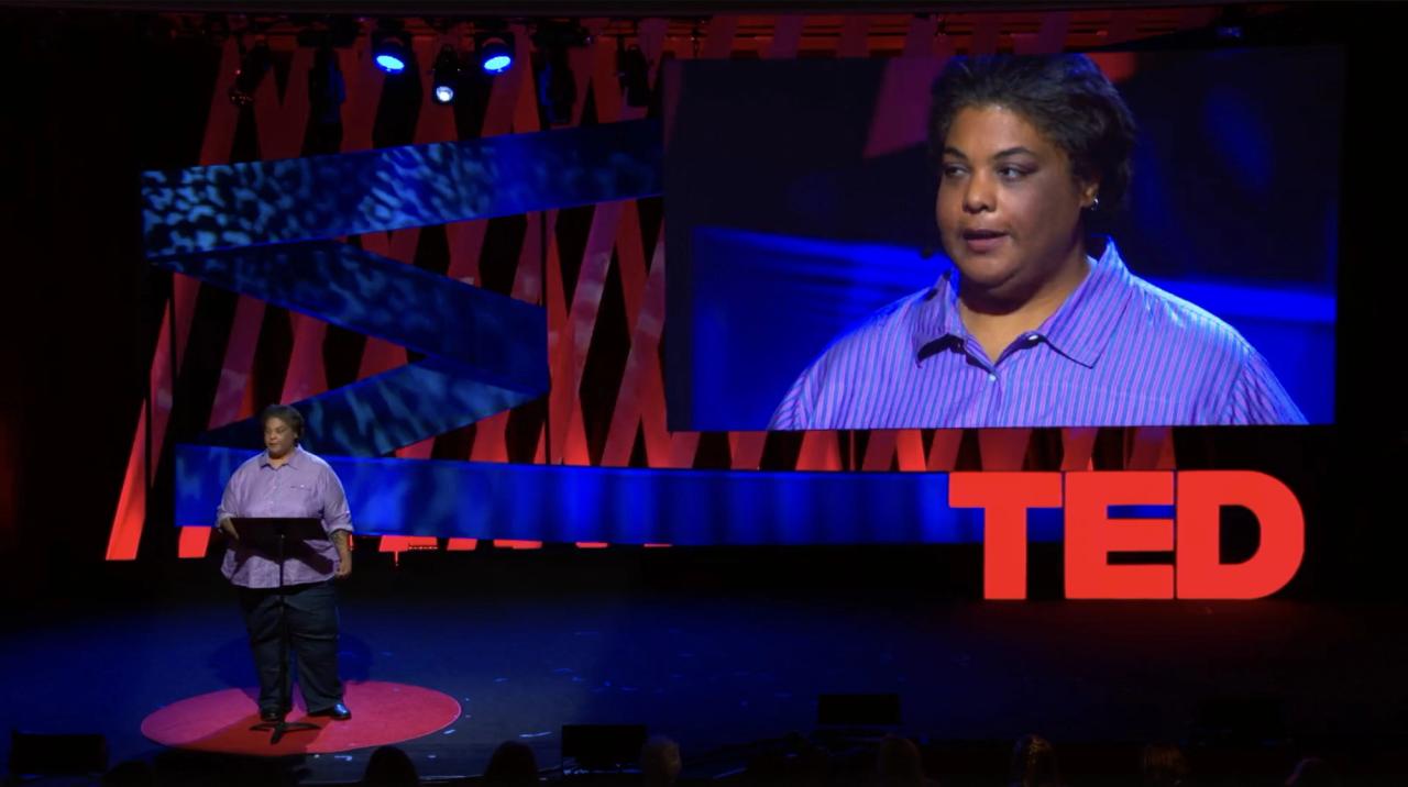 Gay giving her TED Talk, “Confessions of a Bad Feminist,” in 2015. (Courtesy TED)