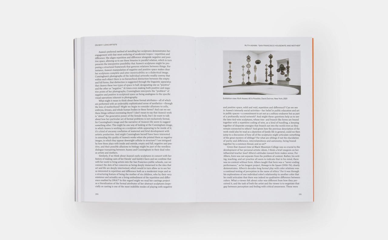 A spread from Open Questions: Thirty Years of Writing about Art (2023) by Helen Molesworth. (Courtesy Phaidon)
