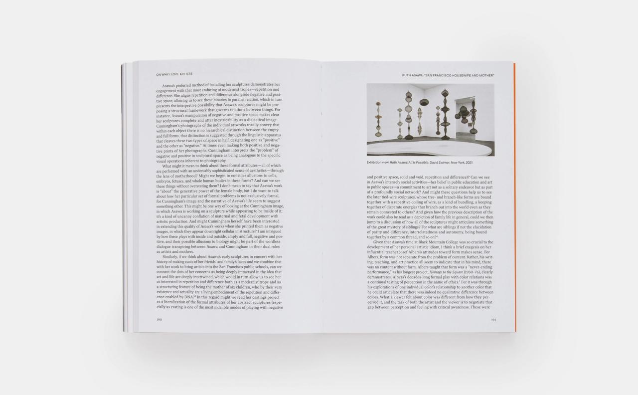 A spread from Open Questions: Thirty Years of Writing about Art (2023) by Helen Molesworth. (Courtesy Phaidon)