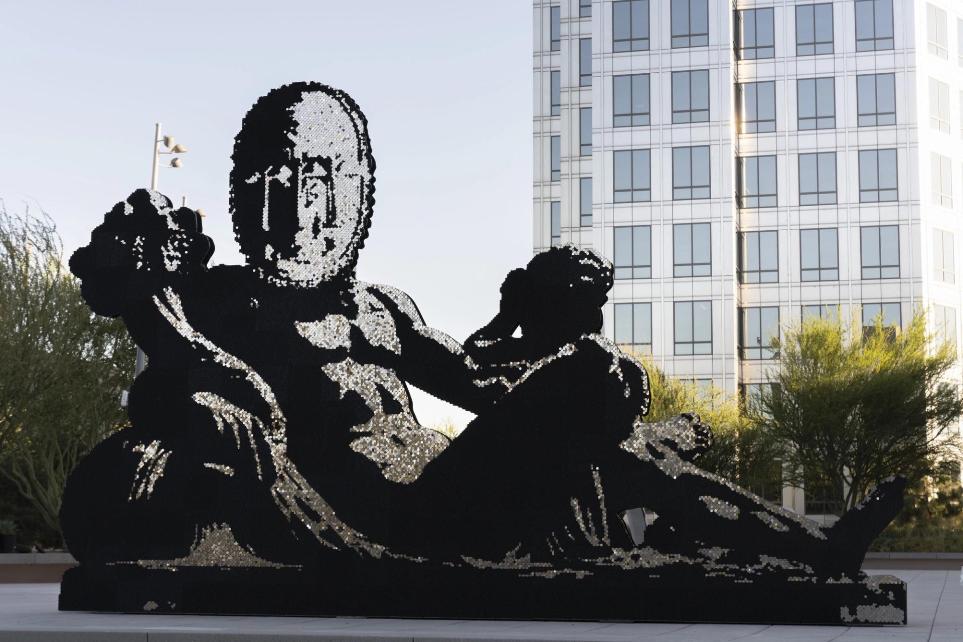 Installation view of Biggers’s mixed-media sculpture “Of many waters…” (2022) at the Orange County Museum of Art in California. (Courtesy the artist and Studio Sanford Biggers)