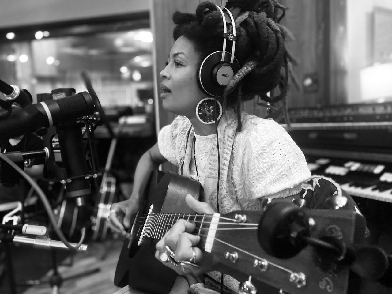 June playing her guitar at the recording studio. (Photo: Dr Ietef Vita)