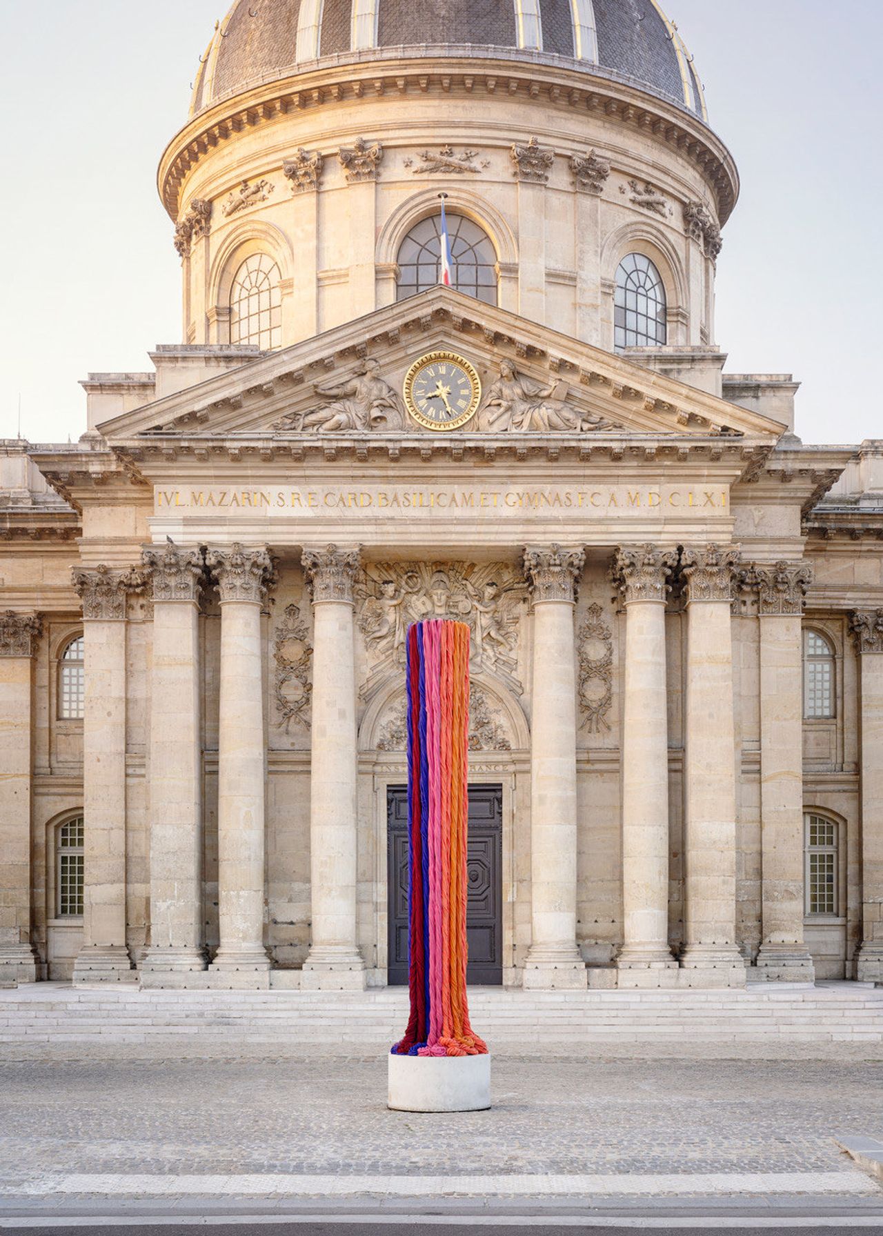 Installation view of Hicks’s “Vers Des Horizons Inconnus,” shown outside of Parvis de l’Institut de France in 2023. (Copyright Sheila Hicks/Courtesy the artist, Galerie Frank Elbaz, Meyer-Riegger, and Galleria Massimo Minini)