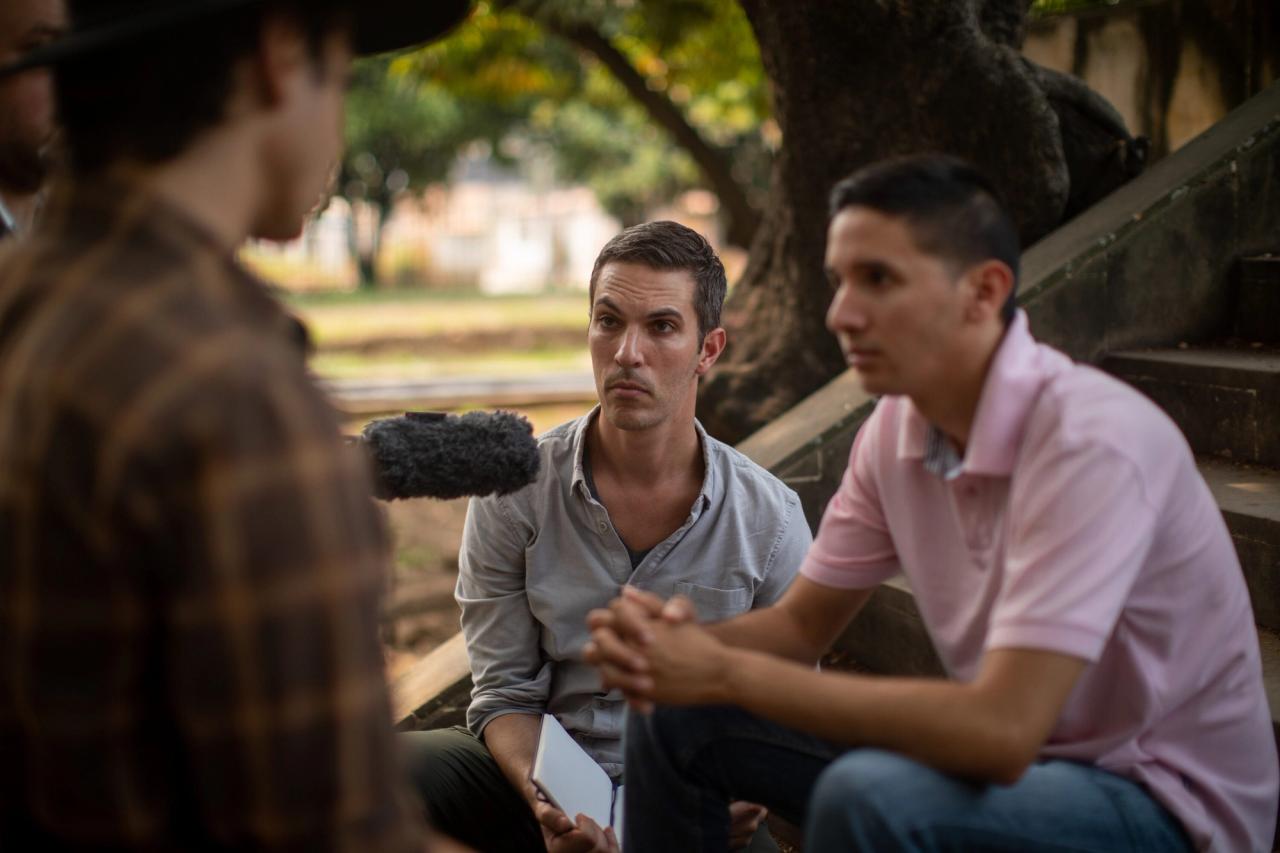 Shapiro (center) conducting an interview in Colombia. (Photo: Ryan Kellman. Courtesy NPR)