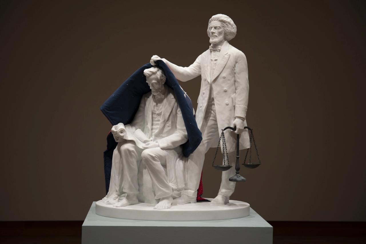 Installation view of “Lifting the Veil” (2023) at Biggers’s “re:mancipation” (2023) exhibition at the Chazen Museum in Madison, Wisconsin. (Courtesy the Chazen Museum)