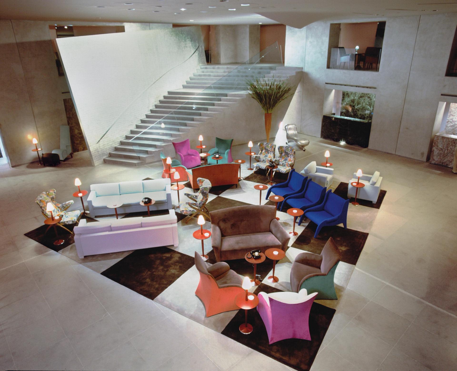View of the lobby at the Paramount hotel in New York City, designed by Philippe Starck, as seen in 1990. (Courtesy Ian Schrager Company)