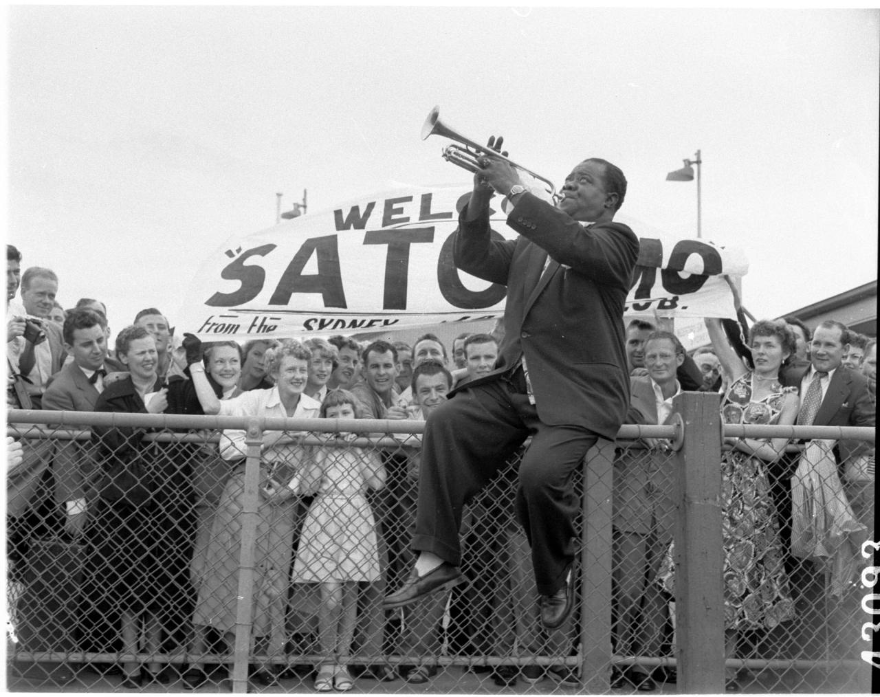 Louis Armstrong playing the trumpet in 1954. (Courtesy the State Library of New South Wales)
