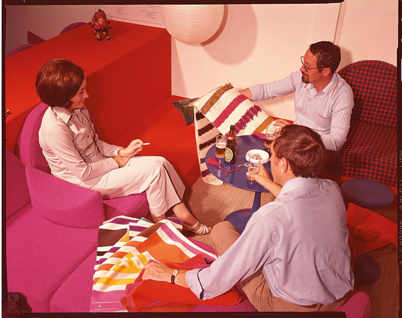 Poul Byriel and Erling Rasmussen with a client at Kvadrat’s first ever showroom in Ebeltoft, Denmark. (Courtesy Kvadrat)