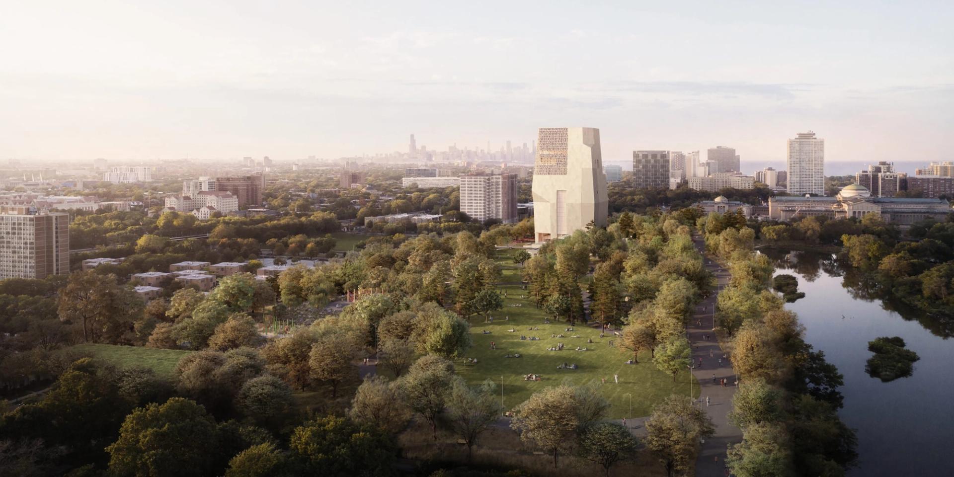 A rendering of a park with a tall white building in the distance