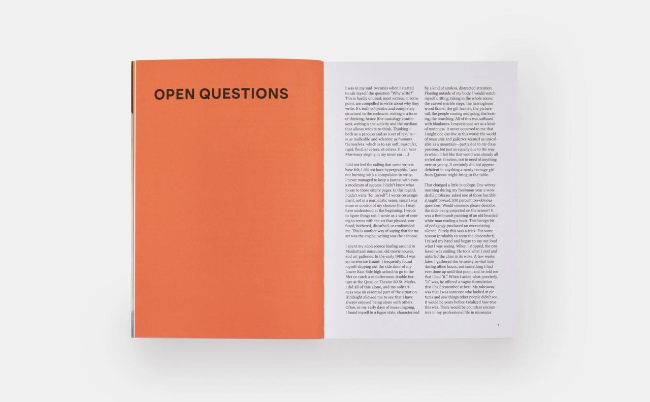 A spread from Open Questions: Thirty Years of Writing about Art (2023) by Helen Molesworth. (Courtesy Phaidon)