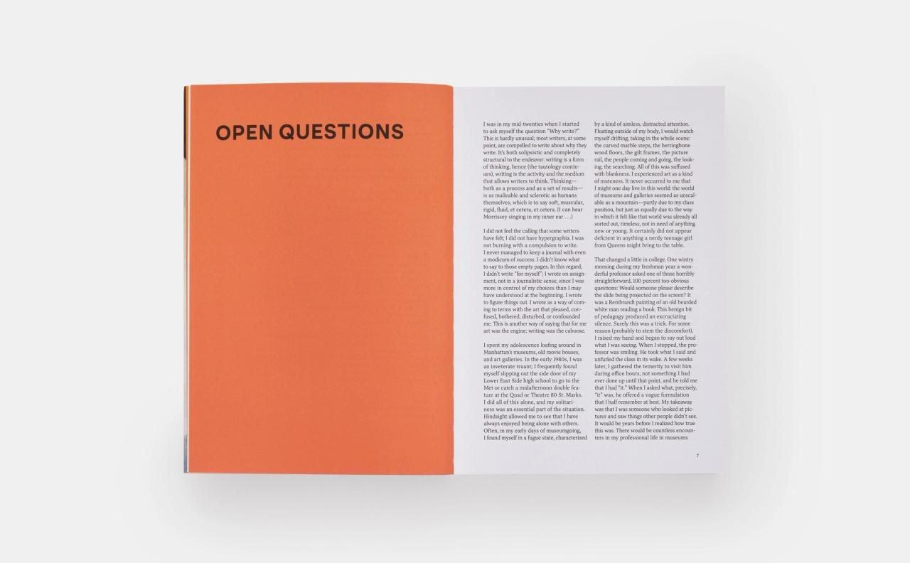 A spread from Open Questions: Thirty Years of Writing about Art (2023) by Helen Molesworth. (Courtesy Phaidon)