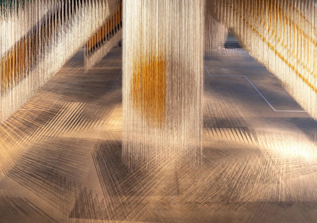 Installation views of "Olga de Amaral" (2024) at the Cartier Foundation in Paris, with architecture and exhibition scenography by Ghotmeh. (Photo: Marc Domage. Courtesy Cartier Foundation)