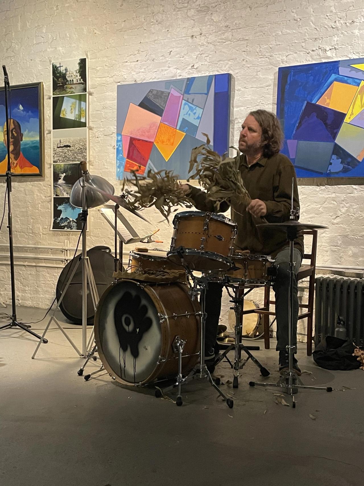 Martin performing with bamboo leaves in Manhattan in 2021. (Photo: Spencer Bailey)