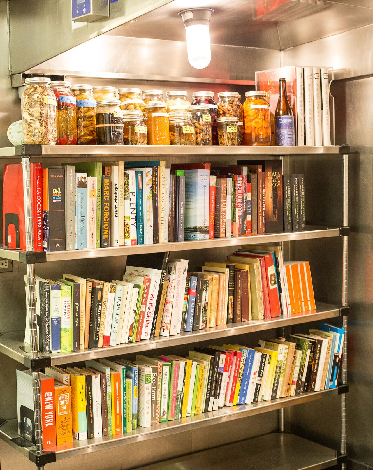 The kitchen bookshelf at Blue Hill at Stone Barns. (Courtesy Blue Hill)